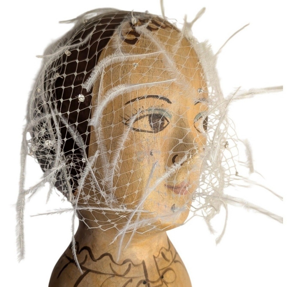 Jennifer Behr White Feather Crystal Birdcage Veil Bridal Headpiece Fascinator